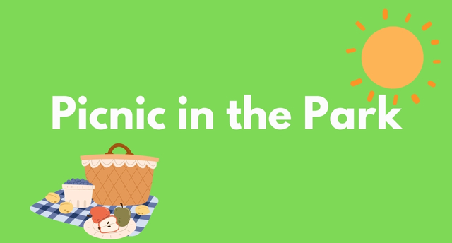 Design with a picnic basket and sun. Text reads Picnic in the Park.